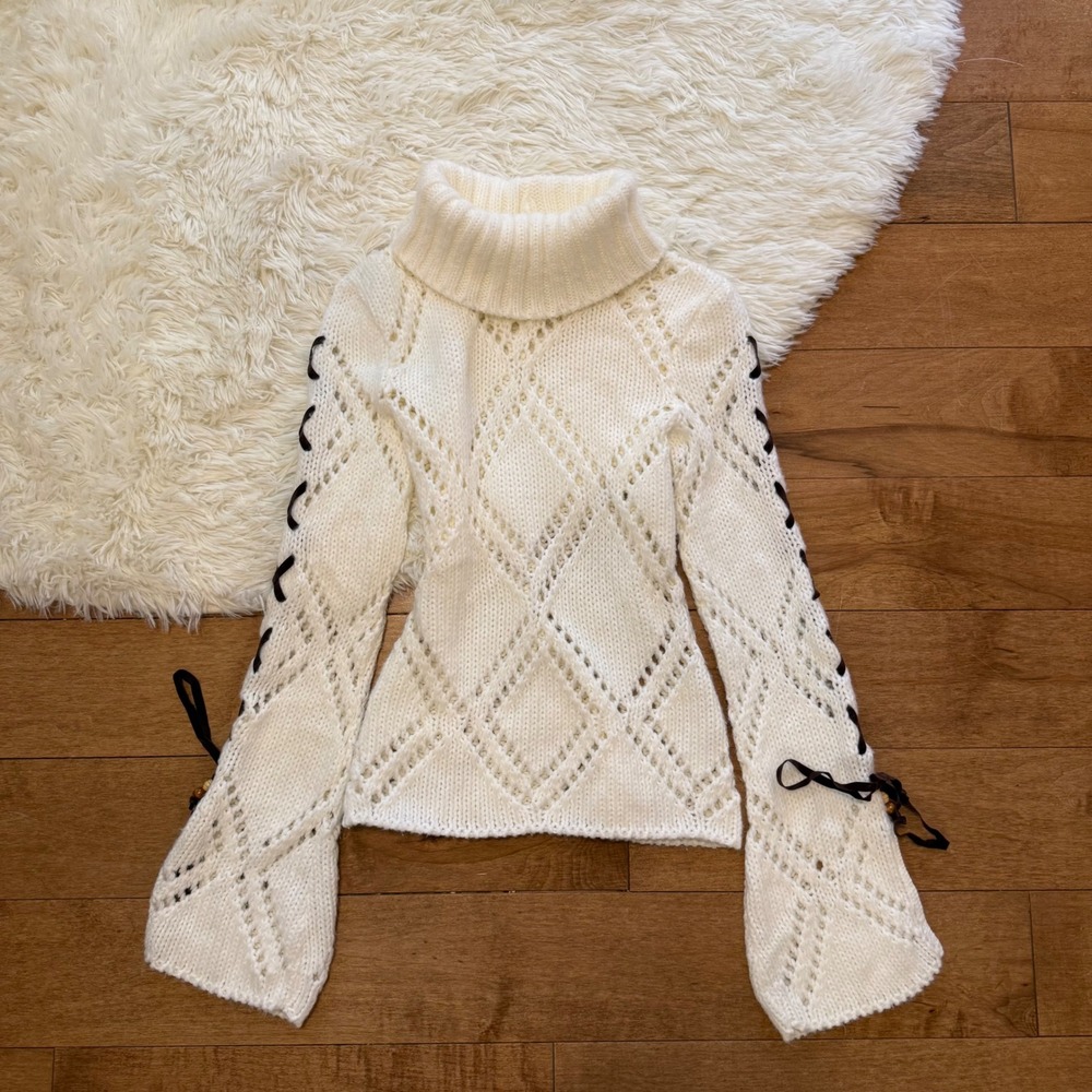 Charlotte Russe Vintage Cream Pointelle Lace Up Bell Sleeve Turtleneck Sweater S